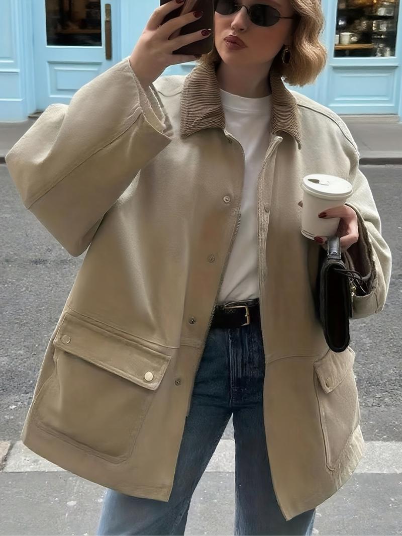 Autumn Winter New European Style Women's Retro Casual Loose Colorblock Corduroy Lapel Windbreaker Coat, Slim-Fit Woven Fabric Jacket