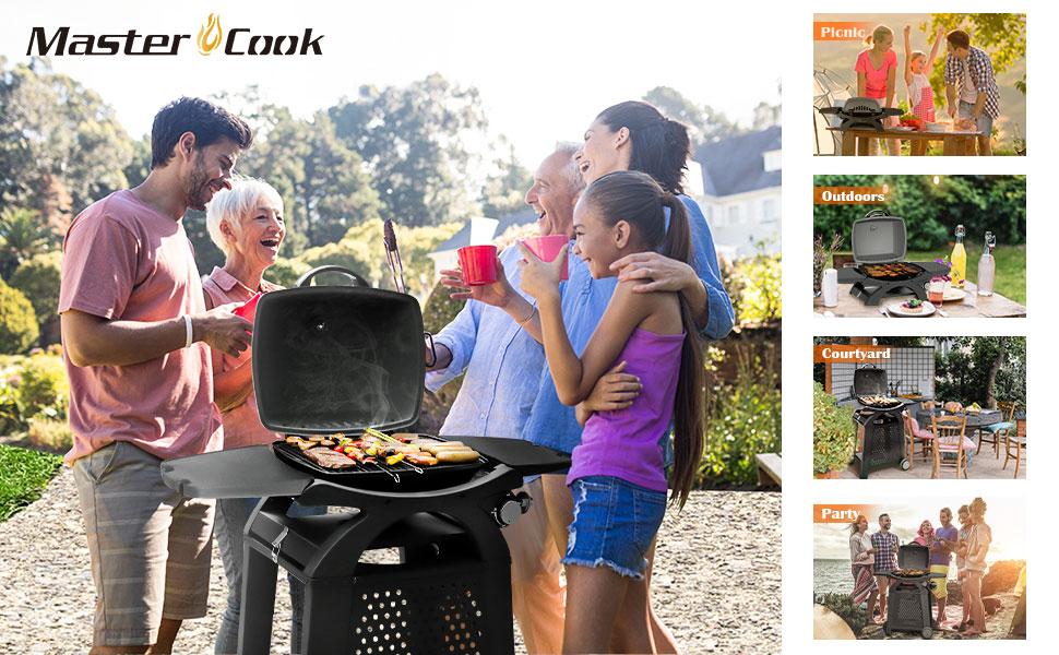 MASTER COOK Propane Gas Grill, Portable Tabletop Barbecue Grill with Cart for Patio, Camping, Travel, Taligating Party