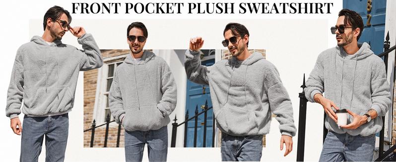 Runcati Men's Fuzzy Sherpa Pullover Hoodie Sweatshirt Long Sleeve with Kangaroo Pocket Chunky Fabric for Fall & Winter Athletic Fit