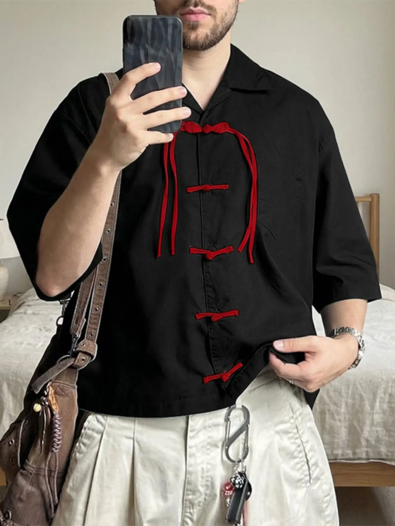 INCERUN Men's Patchwork Button-Down Casual Shirt, Loose-Fit Short Sleeve Top, Ideal for Summer Daily Wear, Trendy Chinese Style Clothing
