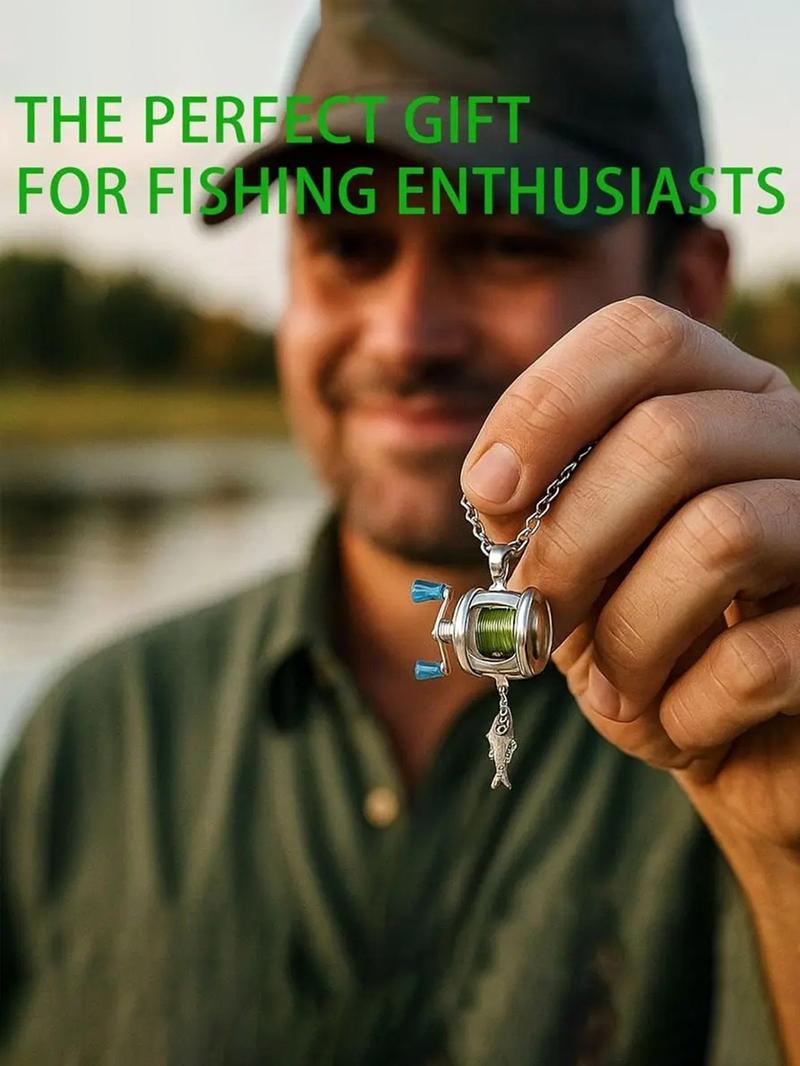Mini Fishing Reel Necklace, Rotating Handle, Detachable Line Ring, Spinning Wheel Keychain, Portable Pendant for Fishing Enthusiasts