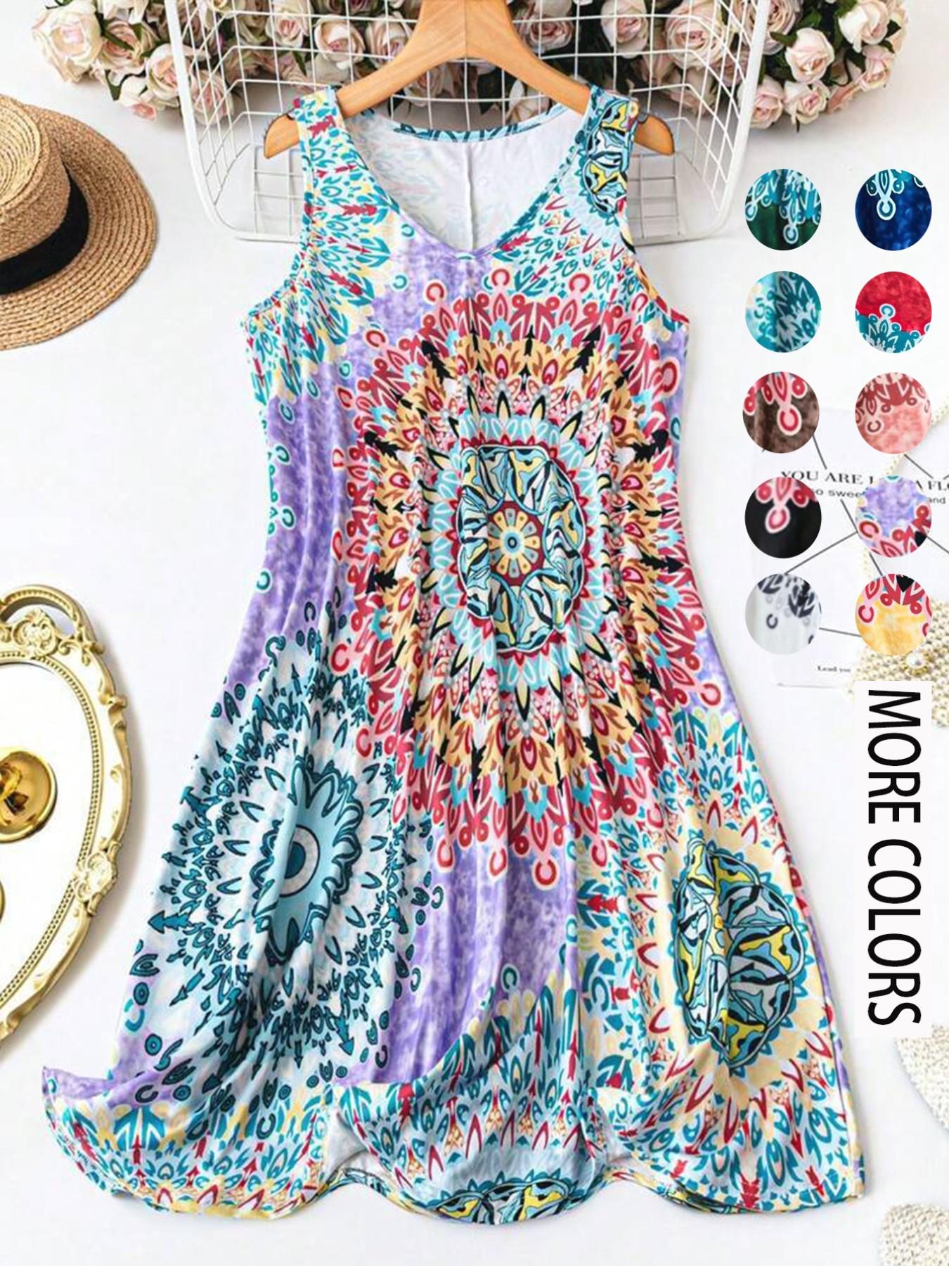 Women's Plus Size All Over Print Tank Dress. Casual Basic Sleeveless Dress. Comfortable and Stylish. Perfect for Vacation and Home Use. Boho. Bohemian