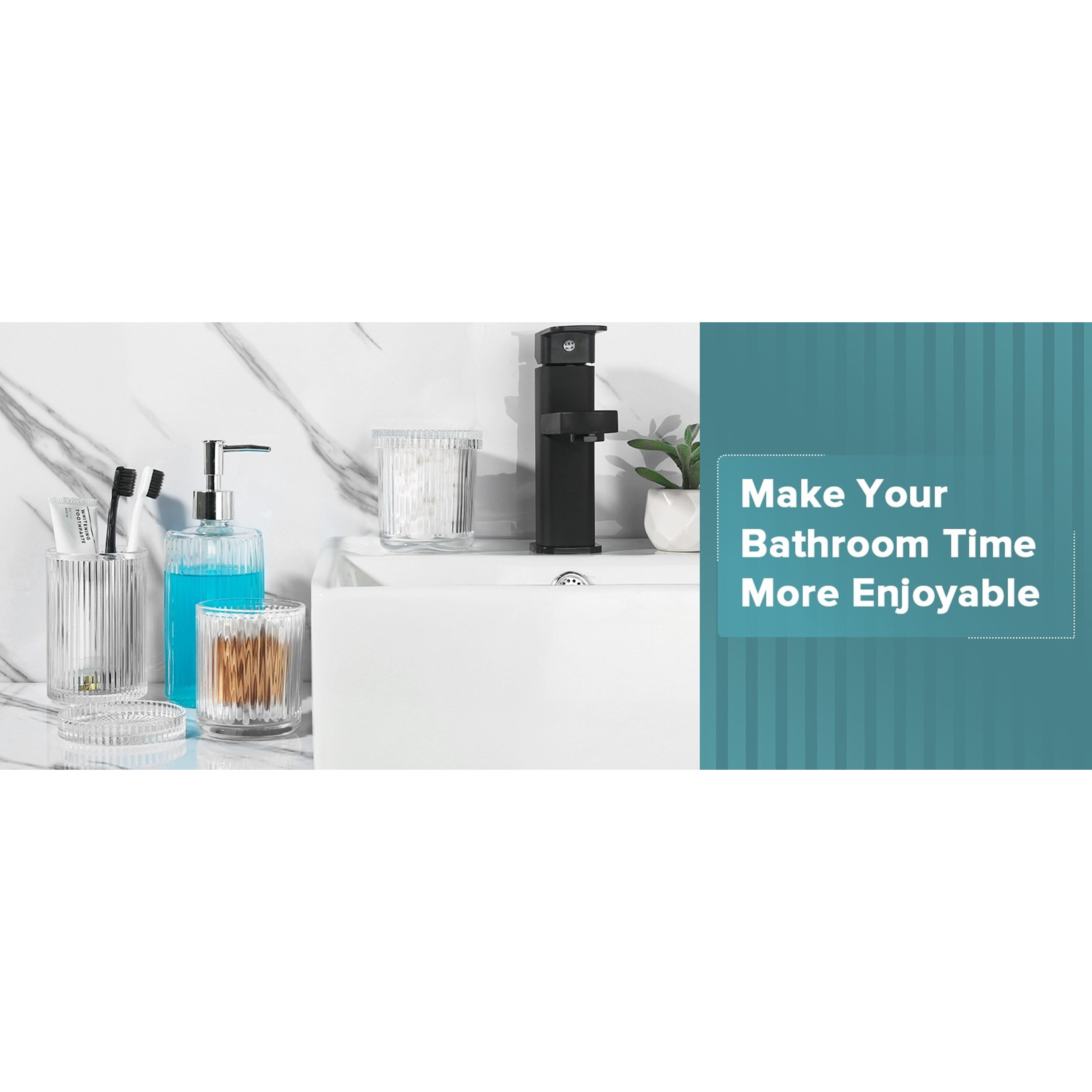 4-Piece Ribbed Glass Bathroom Accessory Set - Silver Modern Counter Decor with Soap Dispenser, Toothbrush Holder, and 2 Qtip Holders, Four Pieces 4-Piece Ribbed Glass Bathroom Accessory Set - Silver Modern Counter Decor with Soap Dispenser, Toothbrush Holder, and 2 Qtip Holders, Four Pieces