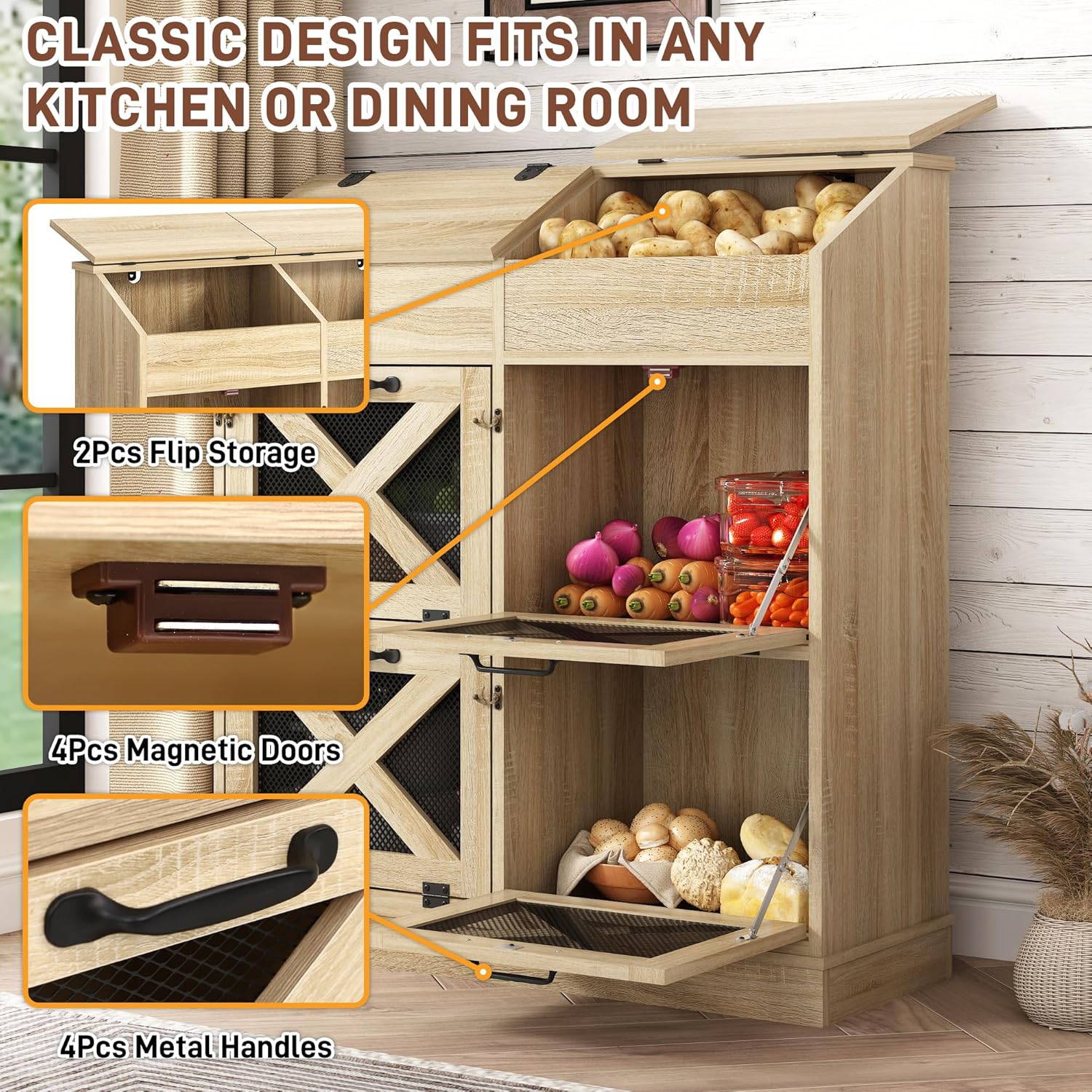 Large Wood Veggie Bin for Potato,Bread,Onion With 6 Large Storage Space. Root Vegetable Storage Box For Kitchen, Farmhouse Wood Potato Box With 4 Mesh Doors,32 * 12.4 * 36 INCH