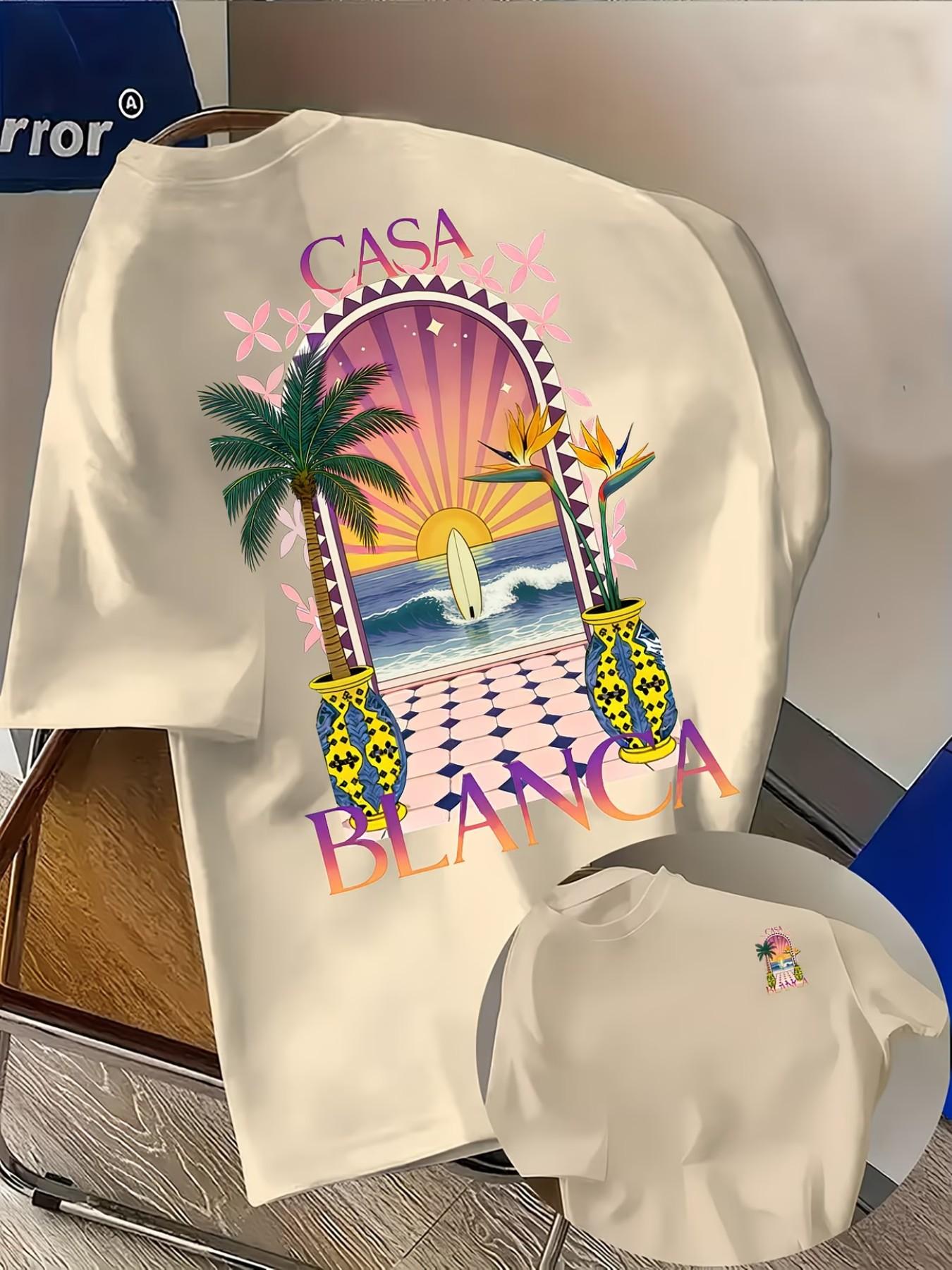 Men's Casual Comfortable Short Sleeve T-Shirt, Casablanca Pattern Front and Back, Loose Fit, Ideal for Daily Wear, Travel, Dating