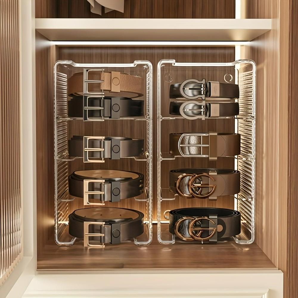 High Capacity Transparent Plastic Belt Organizer Box, 4 Compartments with Removable Dividers, Desktop Makeup Storage Shelf