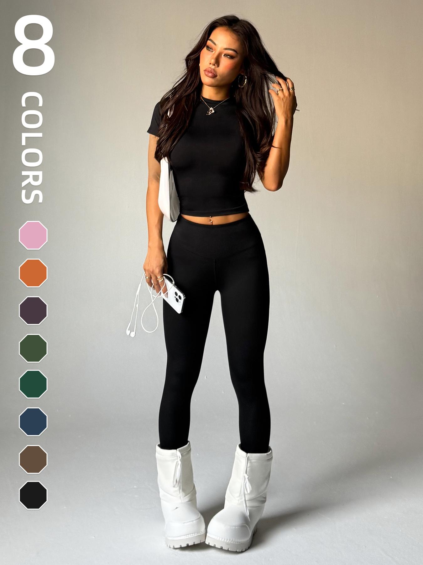 Women's Short Sleeve Round Neck Moisture Wicking Yoga Pants Set, Comfortable Fashion Daily Sports Wear, Elastic Sportswear, Workout Running Clothes