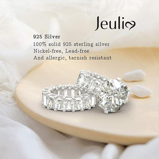 Jeulia Cushion Cut Three Sided Pave Sterling Silver Eternity Ring Cubic Zirconia Art Deco Halo Wedding Engagement Anniversary Rings Set Finejewelry with giftbox