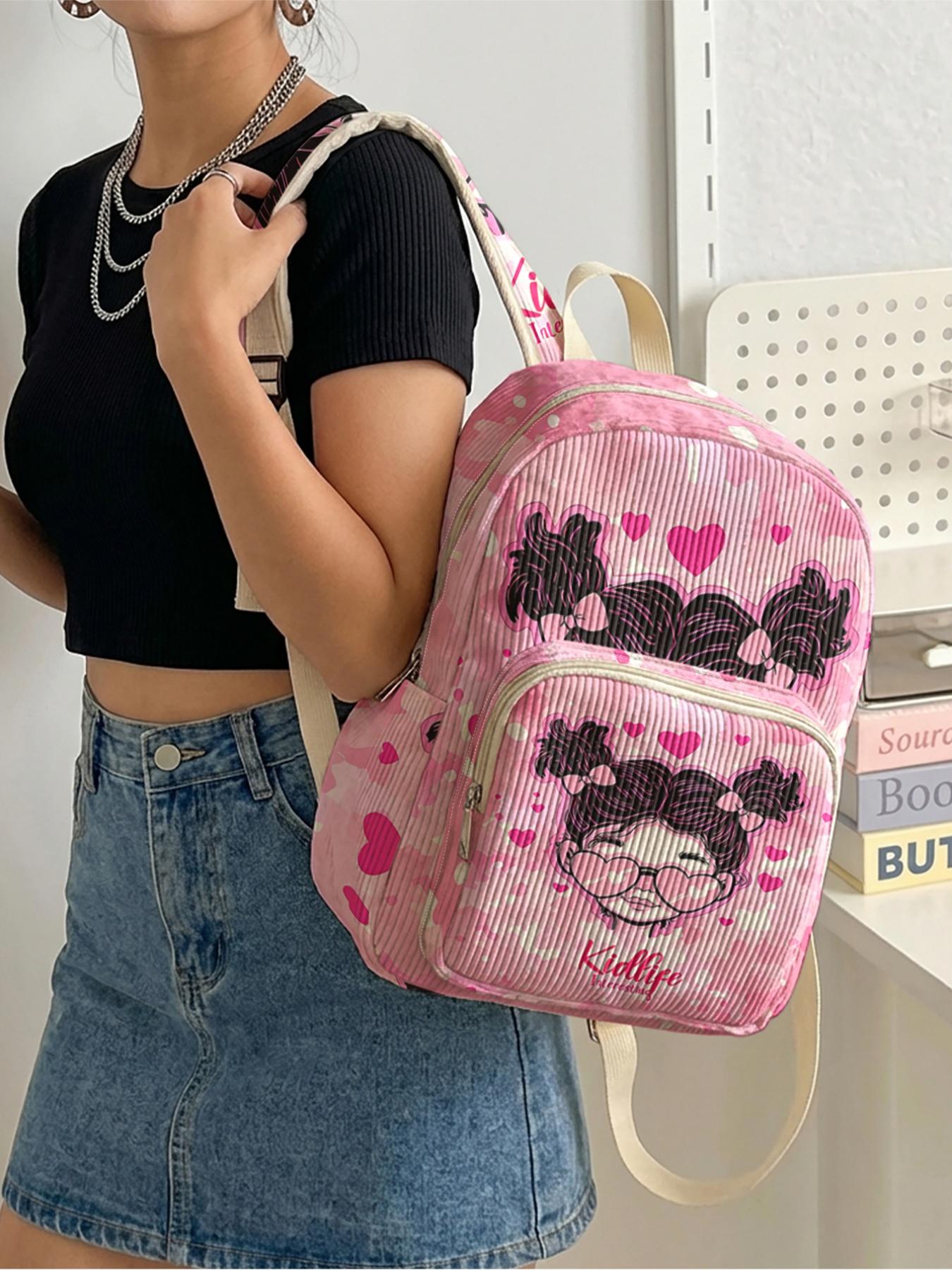 1 piece of character portrait 'Fun Kidlife' 2D printed lady's backpack, corduroy texture + layered storage + light weight reduction | perfect for students to go to class/shopping/short trips | combination of atmosphere and practicality