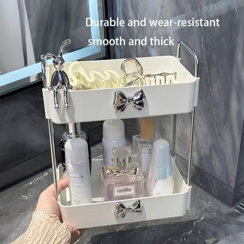 Two-Layer Makeup Storage Box with Rabbit Bow Decor, Multifunctional Bathroom Organizer, Compact Space-Saving Design, Perfect Gift