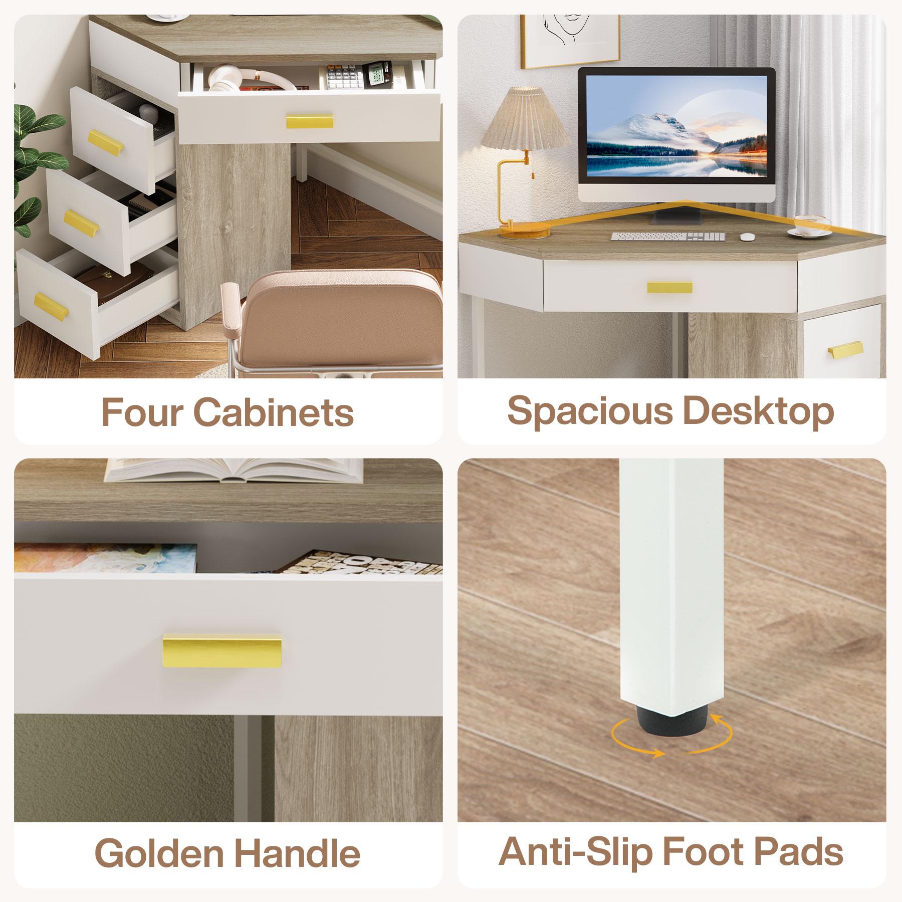 TRIBEWOOD Corner Desk, Triangle Computer Desk with 3 Drawers, 90-Degree Writing Desk PC Table Makeup Vanity Desk with Storage for Home Office, Living Room, Bedroom