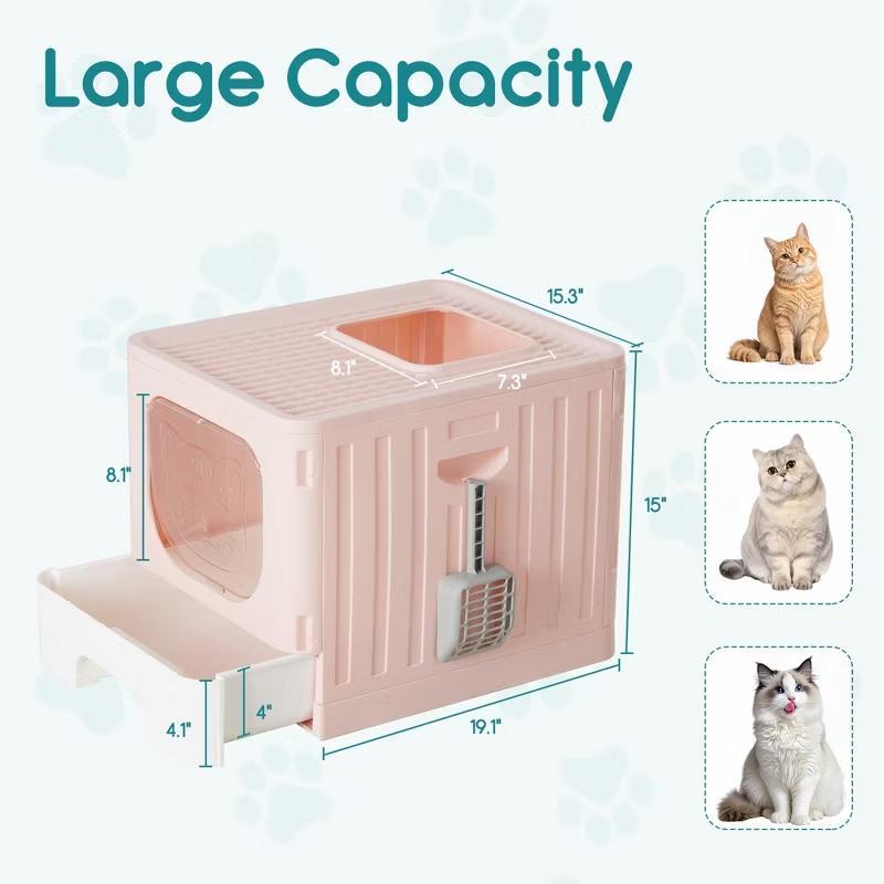 Large Foldable Covered Cat Litter Box with Drawer Design, Includes Free Cat Litter Scoop, Anti-Splashing and Odor-Locking Structure, Easy-to-Clean Pull-Out Tray, Foldable for Space-Saving Storage