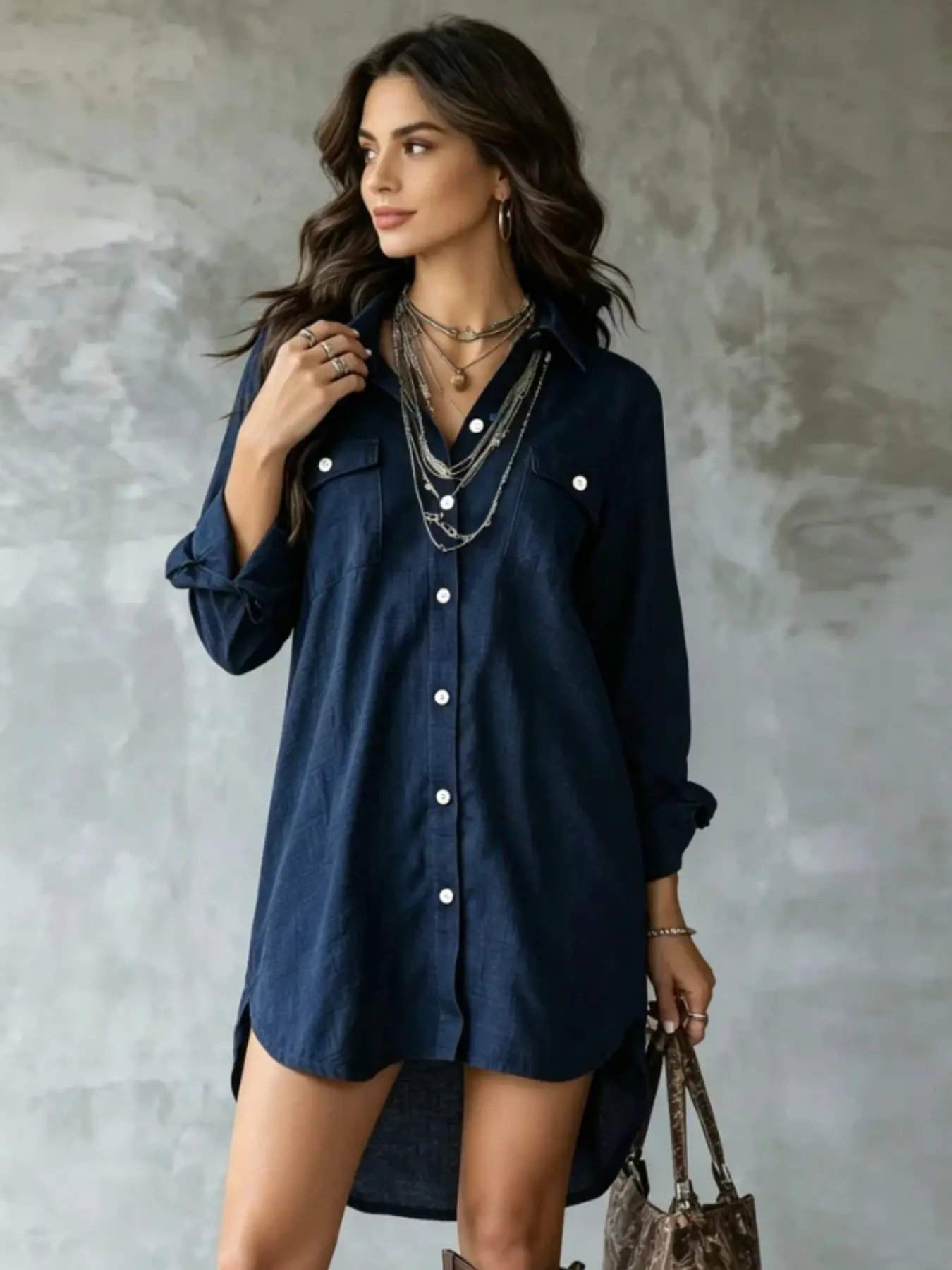 Women's Lapel Button-Down Long Sleeve Shirt, Dual Chest Pockets, Casual Office Wear, All Seasons, Loose-Fitting, Plain Pattern