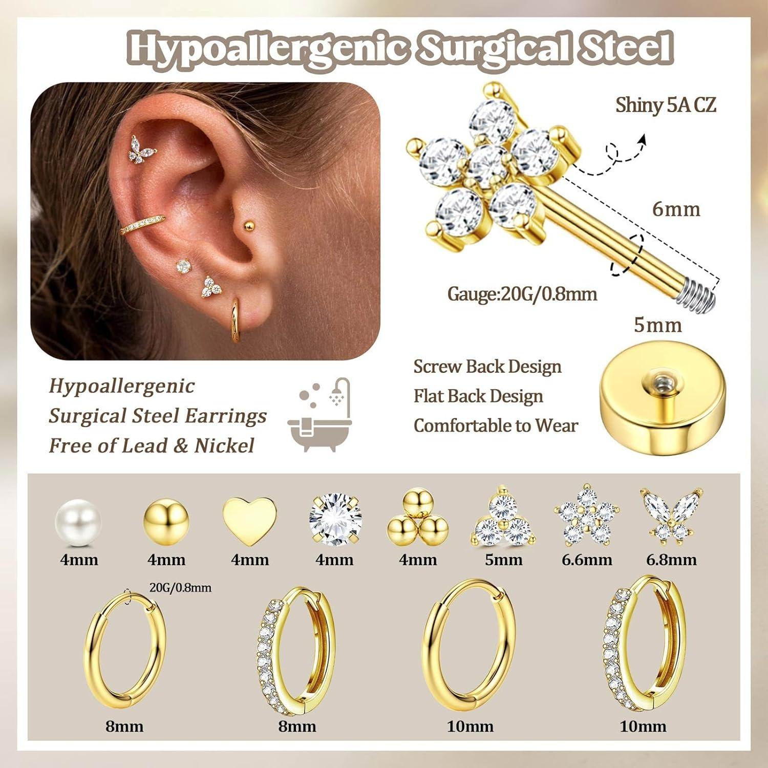 Jstyle Hypoallergenic Surgical Steel Earrings for Sensitive Ears Flat Back Earrings for Women Small Stainless Steel Earrings Flatback Stud Hoop Cartilage Earring Set for Multiple Piercing