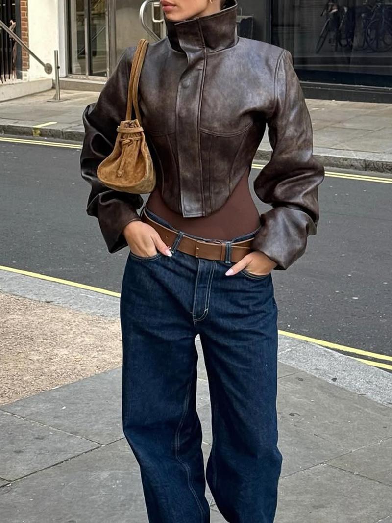 Women's High Neck PU Leather Jacket, Slim Fit Short Zipper Coat, Fall & Winter Fashion Outerwear, Casual Stylish Design