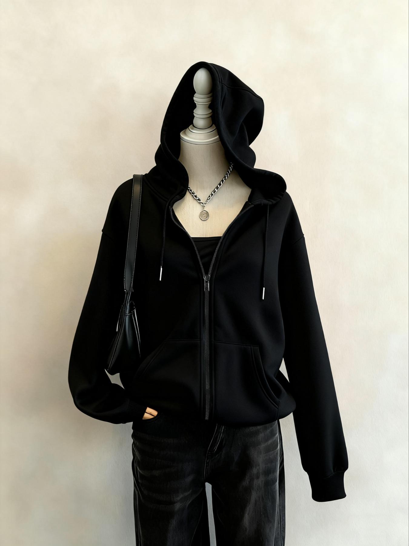 Women's Casual Loose Fit Long Sleeve Hoodie, Lady Vintage Style Zipper Design, Warm Pocketed Sweatshirt for Fall & Winter, Comfortable Daily Wear, Womenswear