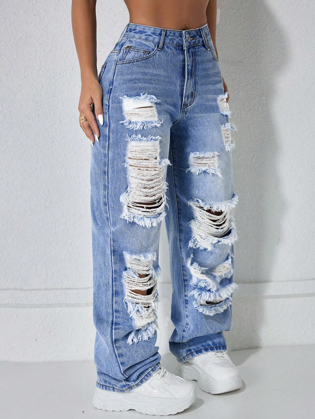 Elegant Fashion Street Style High Waist Ripped Denim Jeans, Spring Summer Fall Women's Loose Straight Leg Pants, Trendy Casual Wear