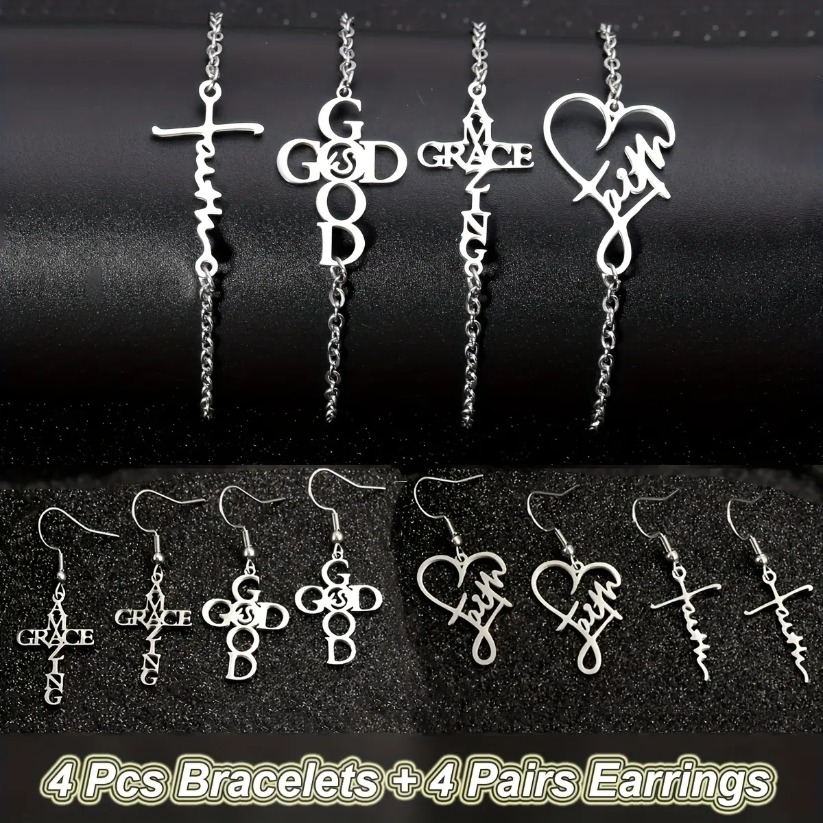 12pcs/Set Of Stainless Steel Christian Wristbands with Faith Alphabet, Amazing Grace Word Design, Prayer Bracelets And Earrings Jewelry Set for Women And Men