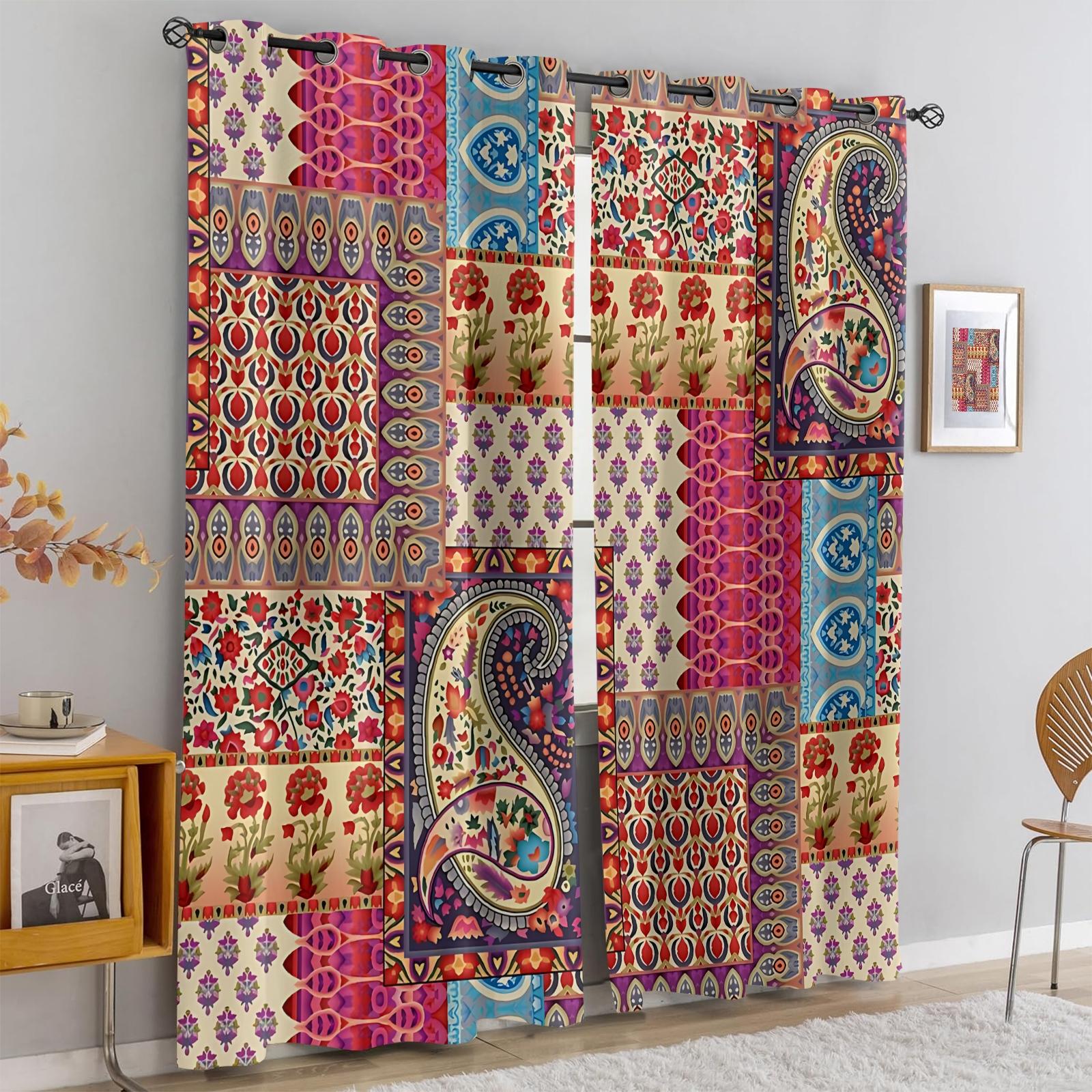 2 Panels Boho Paisley Print Blackout Curtains, Vintage Ethnic Style Darkening Grommet Window Drapes, HD Digital Print, Soft Durable & Light Blocking, Perfect for Bedroom, Living Room, Dorm & Studio Home Decor