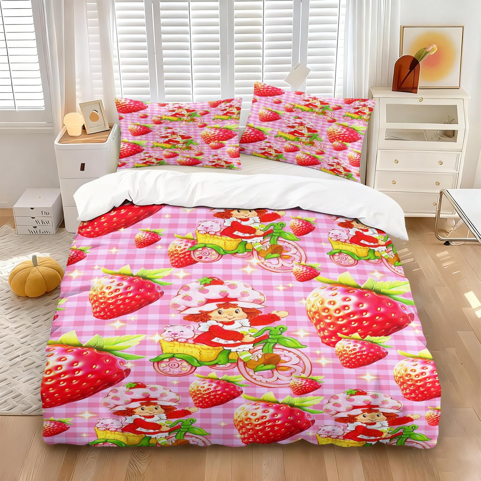 Vintage Strawberry Girl Cartoon 3-Piece Duvet Cover Set, Ultra-Soft Microfiber Bedding with 2 Pillowcases, Cute Kawaii Style Bedding for Kids Girls Bedroom Dorm Decor