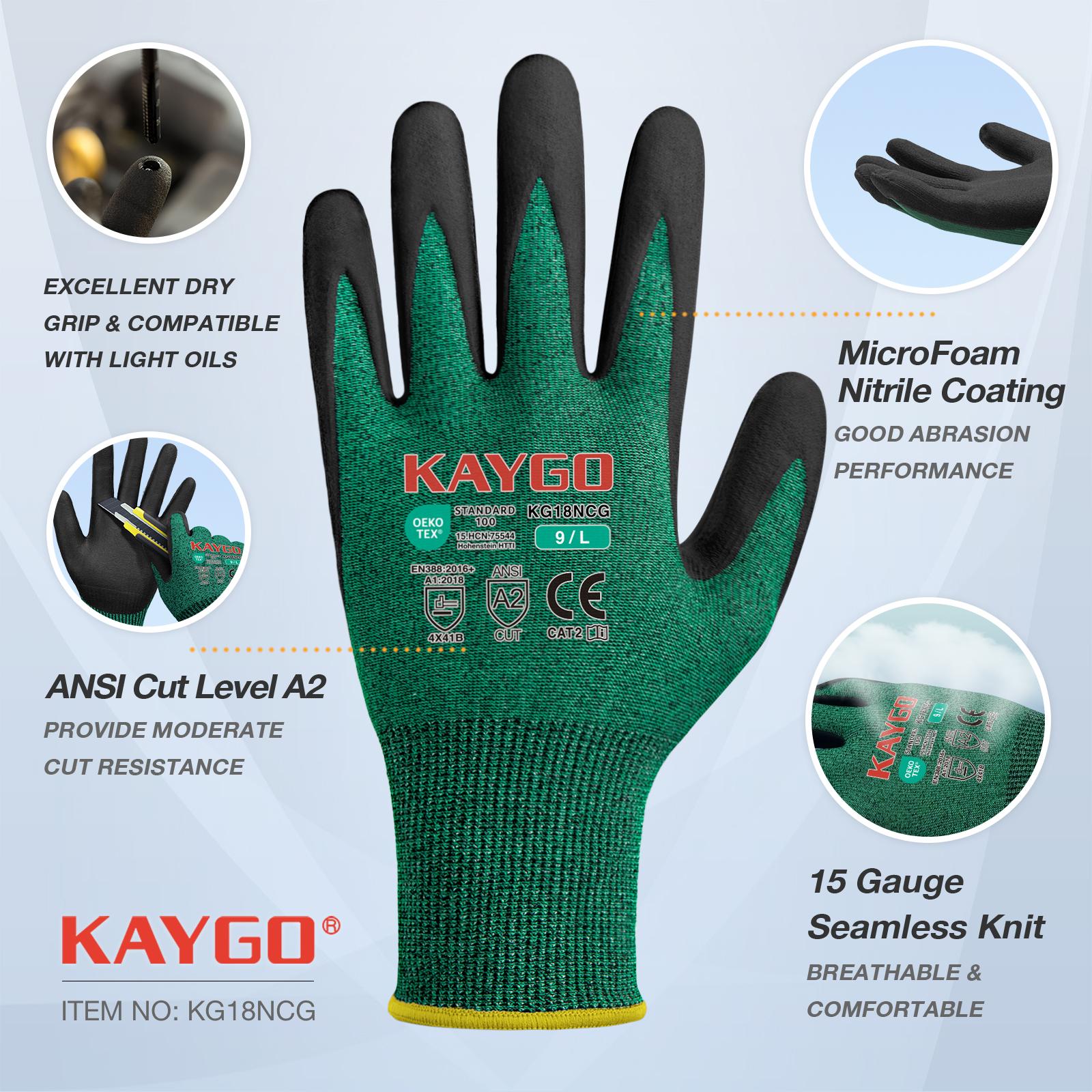 KAYGO Safety Work Gloves MicroFoam Nitrile Coated, KG18NB,Seamless Knit Nylon Glove with Black Micro-Foam Nitrile Grip, Ideal for General Purpose, Automotive, Home Improvement