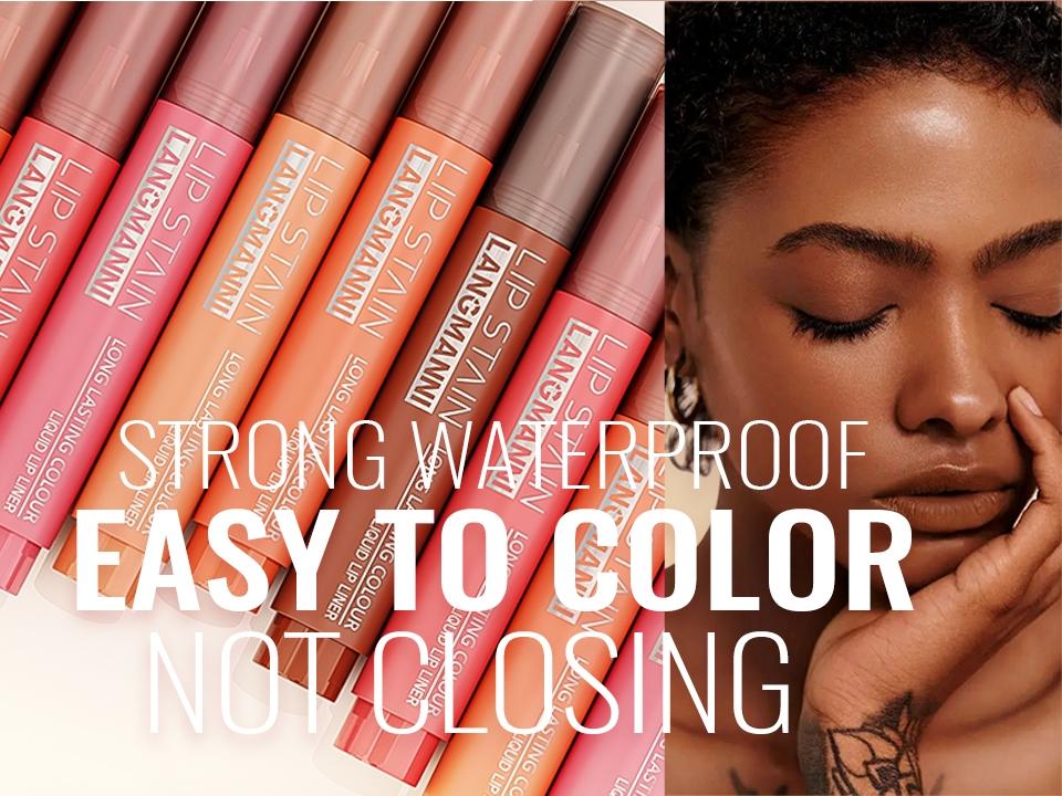 2-in-1 Lip Stain Liquid Lip Liner, Long Lasting Colour, Strong Waterproof, Transfer-Resistant, Up to 24hour Wear, Easy to Color, Not Clumping