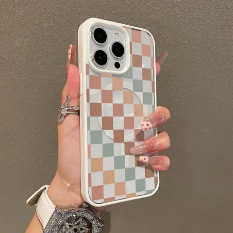 Vintage Patterned Multicolored Checkered Premium MagSafe Magnetic Phone Case - Acrylic Shockproof Cover, Fits iPhone 17/16/16 Plus/15/15 Plus/14 Pro Max/13/12/11, Electronics Accessory (QXE718), Iphone 16 Plus