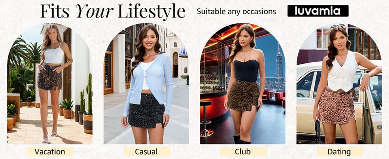 luvamia Skorts for Woman Leopard Cheetah Print Mini Skirt with Shorts High Waisted Trendy Cute Stretchy Side Slit Skort