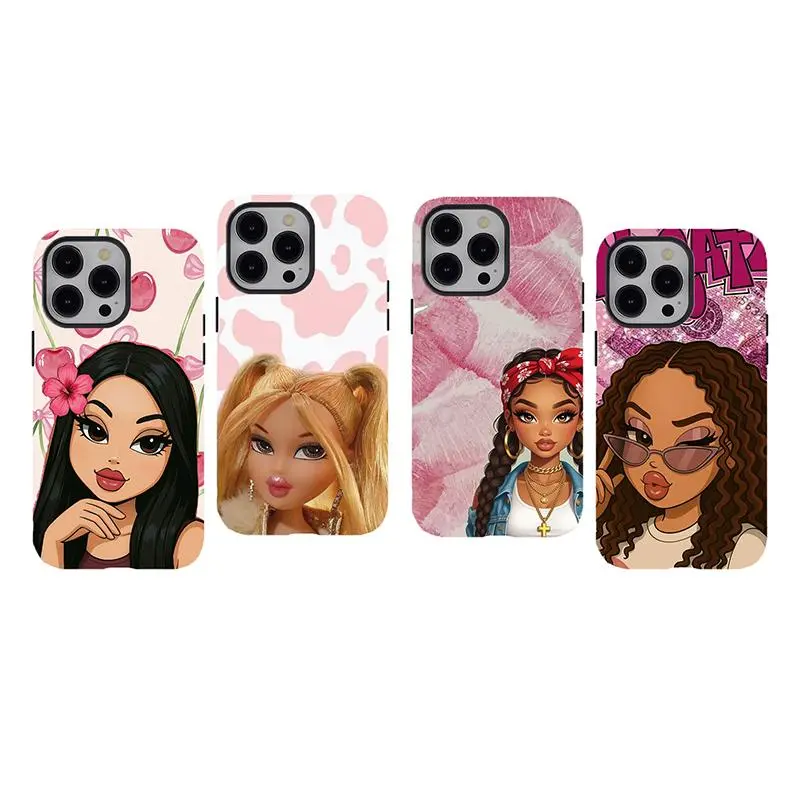 [No magnetic] Coquette Pink Bratz doll Phone Case,Dual-Layer Glitter Baddie Doll design tough phone casing,for iPhone 17 16 15 14 13 12 11 8 7 for Samsung Series,Hard Shockproof Protective Cover,perfect gift for her/him