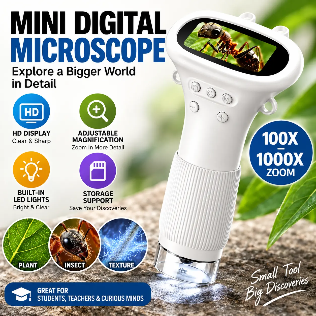Portable Mini Digital Microscope Camera with HD Display, Adjustable Magnification and Built-In LED Lighting, Handheld Inspection Tool for Students, Teachers, Science Projects and Everyday Exploration