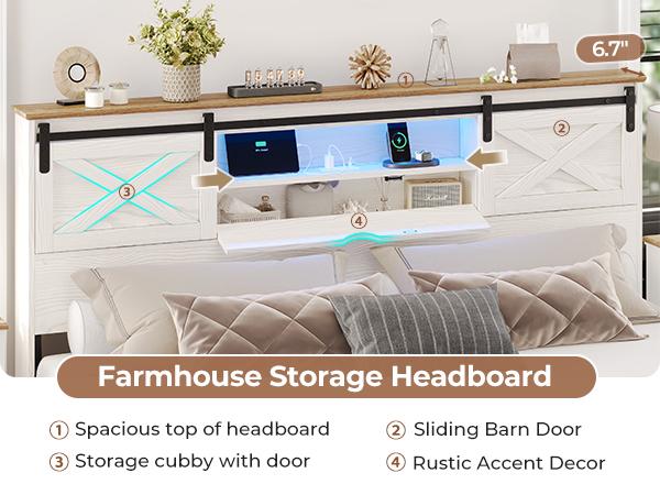 Hasuit Farmhouse Bed Frame California King Size with Storage Bookcase Headboard, Wooden Cal King Bed with LED Lights, Charging Station, 2 Drawers, Country Rustic Bed Frame with Sliding Barn Door