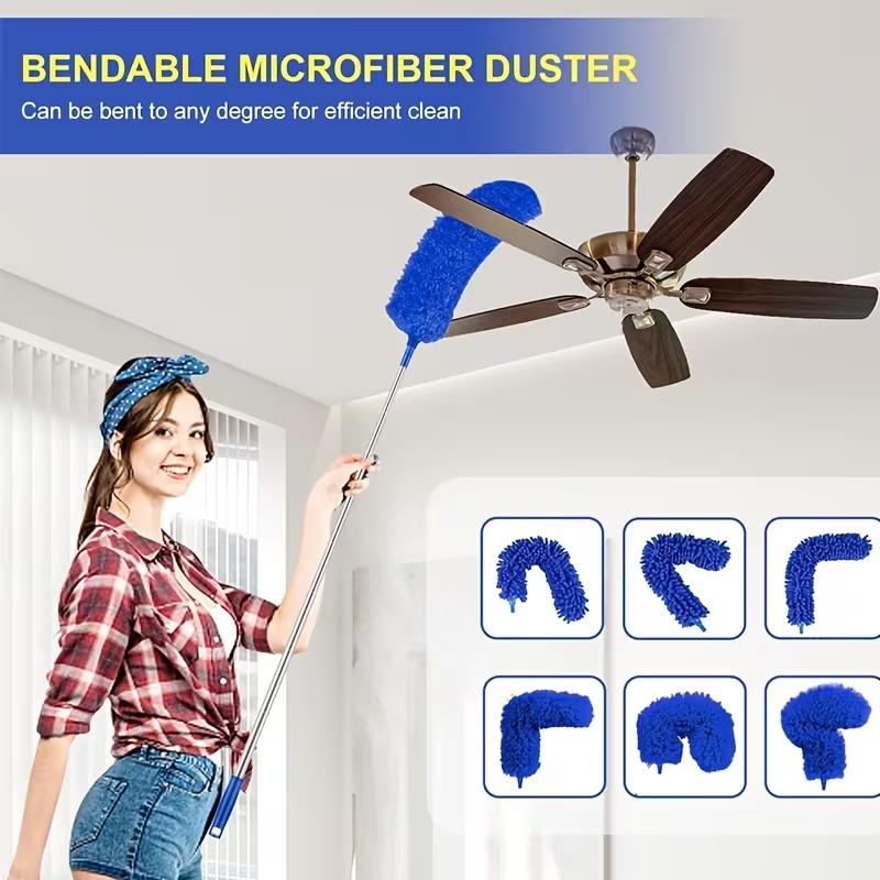 111.42 Inch Extendable Microfiber Artificial Duster with Bendable & Retractable Pole Handle - Heavy-Duty Washable Duster Brush for High Ceiling Fans, Blinds, Furniture, Kitchen, Bathroom, Living Room, Bedroom, Duster For Ceiling Fan, Furniture Cleaning