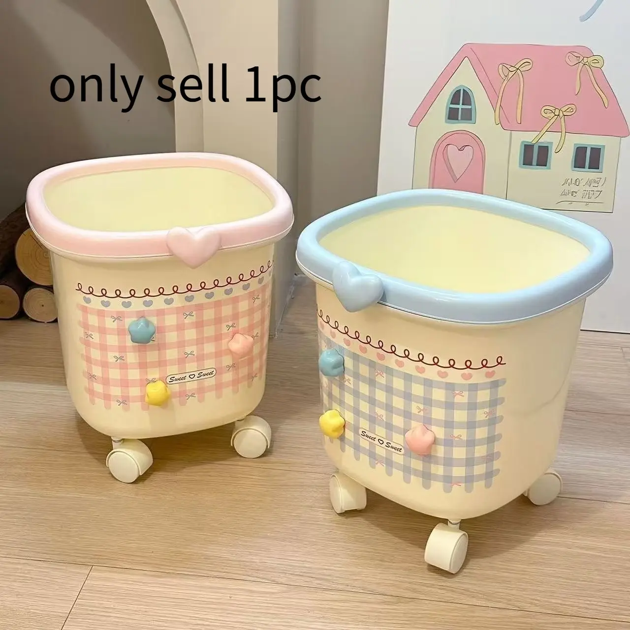 Sweetheart Girl Trash Can with Wheels High Aesthetic Home Paper Bin Living Room Large Capacity Mobile Style Garbage Cans