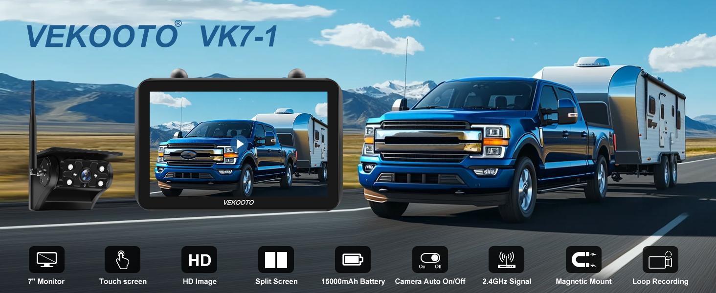 VEKOOTO VK7 Magnetic Solar Wireless Backup Camera 7'' IPS Touchscreen Monitor HD1080P No Wiring Rechargeable Camera for RV Trailer Camper Car Blind Spot Truck Automotive Backup Camera for Truck IP69 Waterproof IR Night Vision Christmas gifts farm