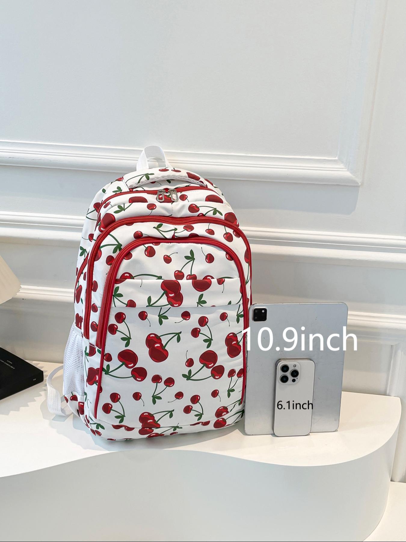 Fashion Cherry Print Backpack, Large Capacity Multi-Pocket Bag, Adjustable Straps, Zipper Closure, Ideal for Office, School, Travel