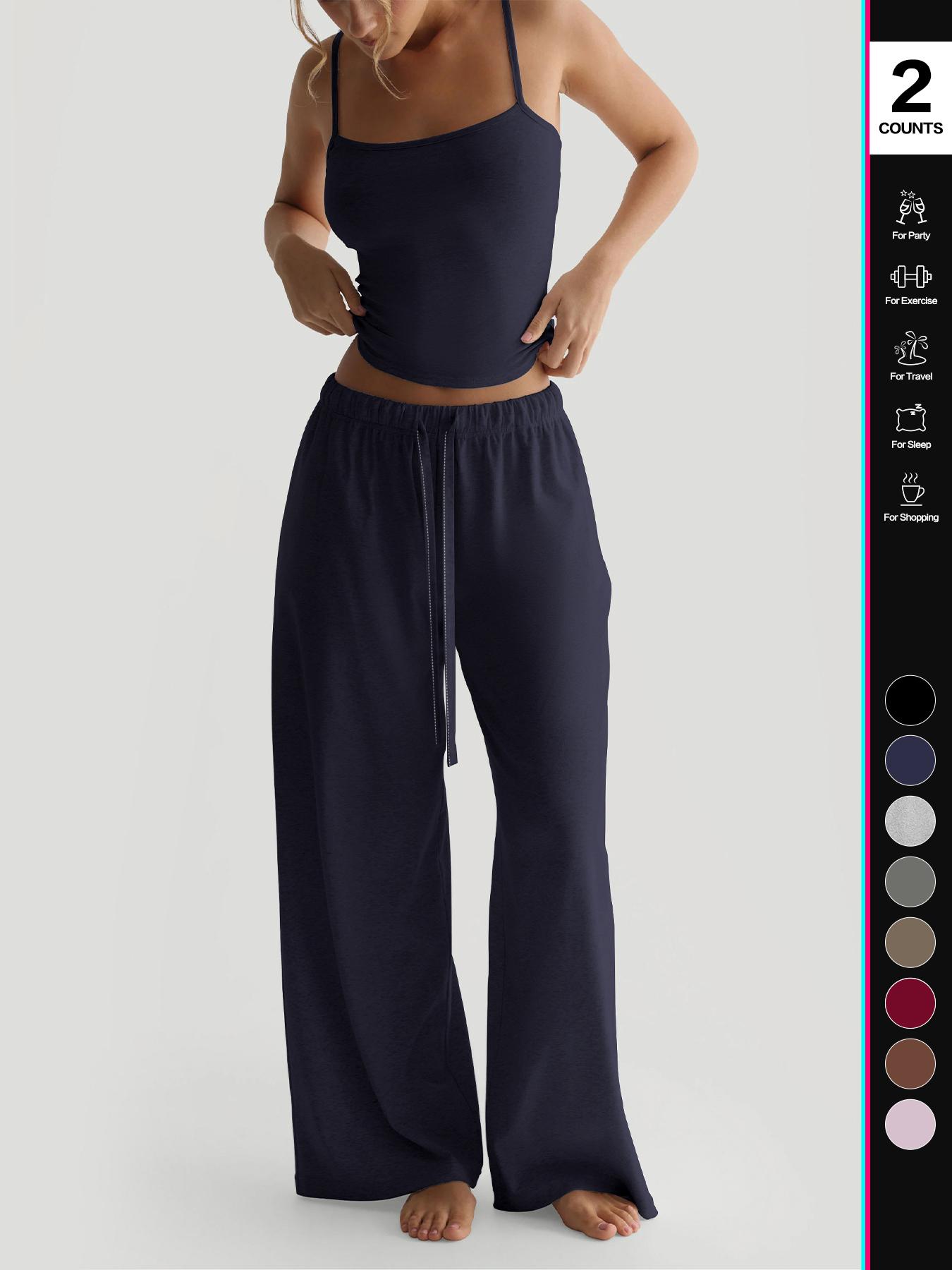 2026 Women's Four-Season Two-Piece Set, Strapless Vest Top & Wide-Leg Drawstring Elastic Waist Pants, Casual Loose-Fit Fitted Comfortable with Pockets