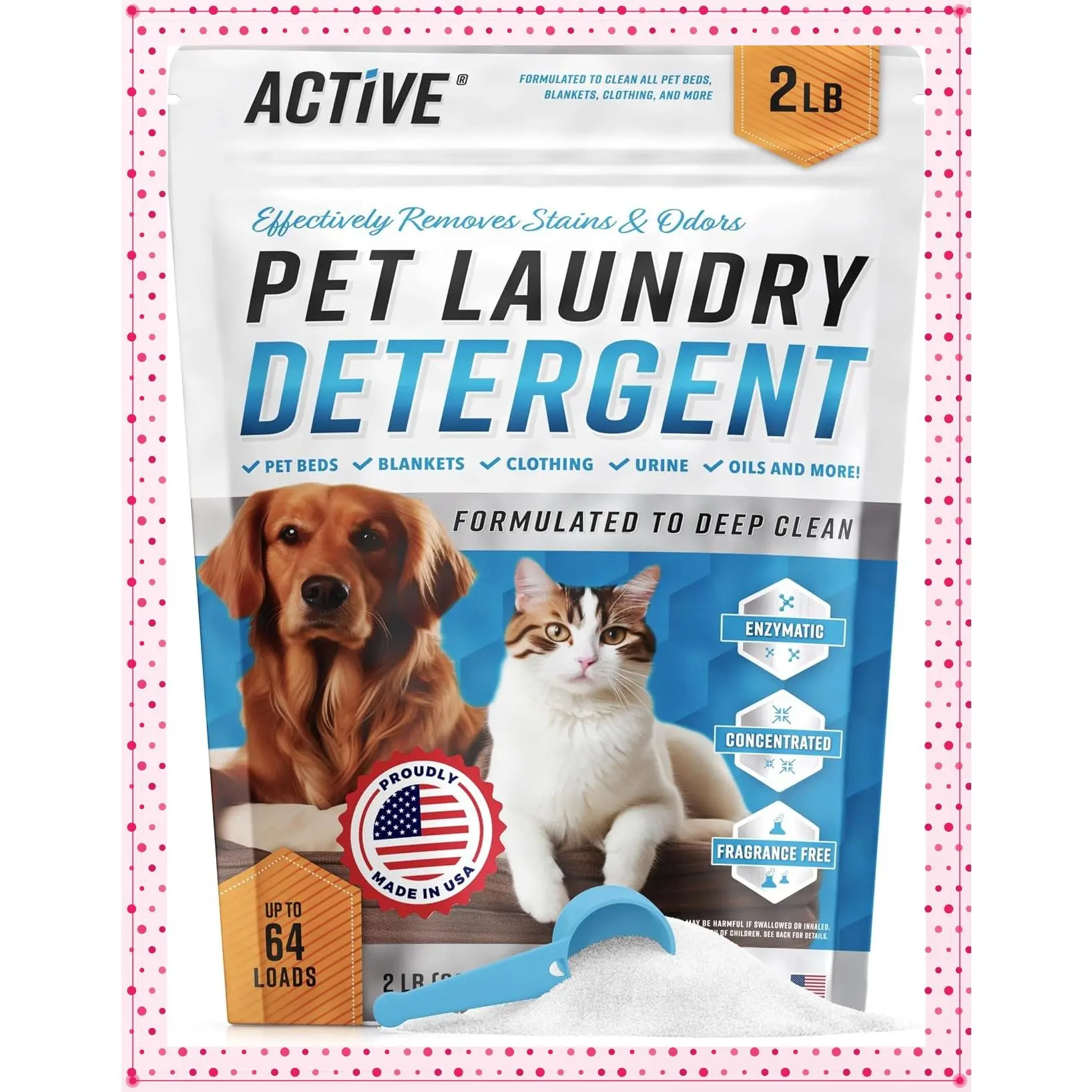 Pet Laundry Detergent Odor Remover - ACTIVE Enzyme Based Powder Detergent for Dogs Beds, Cat Pee, HE Washer Friendly Natural Enzymatic Deodorizer, Urine, Smell, Dog Drool, Stain Eliminator - 64 LoadsGift