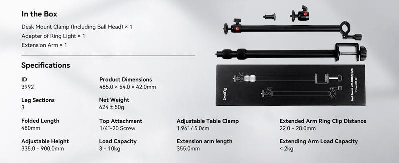 SmallRig Camera Desk Mount Table Stand with Magic Arm and 1/4" Ball Head, 13"-35.4" Adjustable Light Stand, Tabletop C Clamp for DSLR Camera, Ring Light, Live Streaming, Photo Video Shooting - 3992