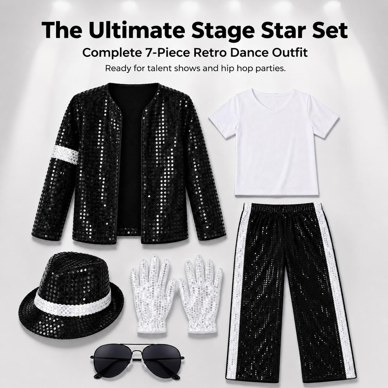 Boys' Hip Hop Dance Costume, 7-Piece Black & Silver Glitter Sequin Fabric Outfit, Stage Ready for Talent Shows, Loose Fit Pants, Matching Activewear Set, Sporty Sports Clothing Sets,back to school,back to school haul