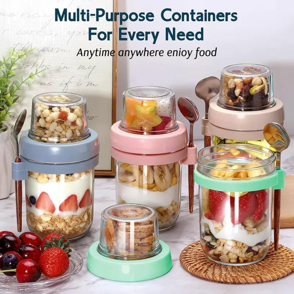 4PCS Double Layer Overnight Oat Containers with Lids, Dry and Wet Separated Yogurt Parfait Cups, Chia Pudding Glass Jars for Oats, Granola, Nuts, Fruit and Salad, Portable Meal Prep Breakfast Cups, Random Colors