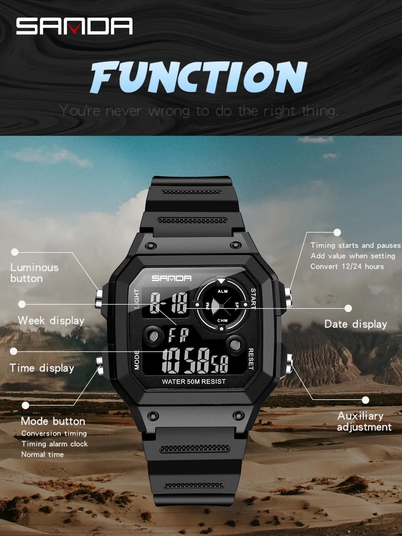 Sanda Square Multifunctional Digital Watch, Waterproof Shockproof Luminous Sports Watch, Stopwatch, Alarm, Hourly Chime, Resin Case