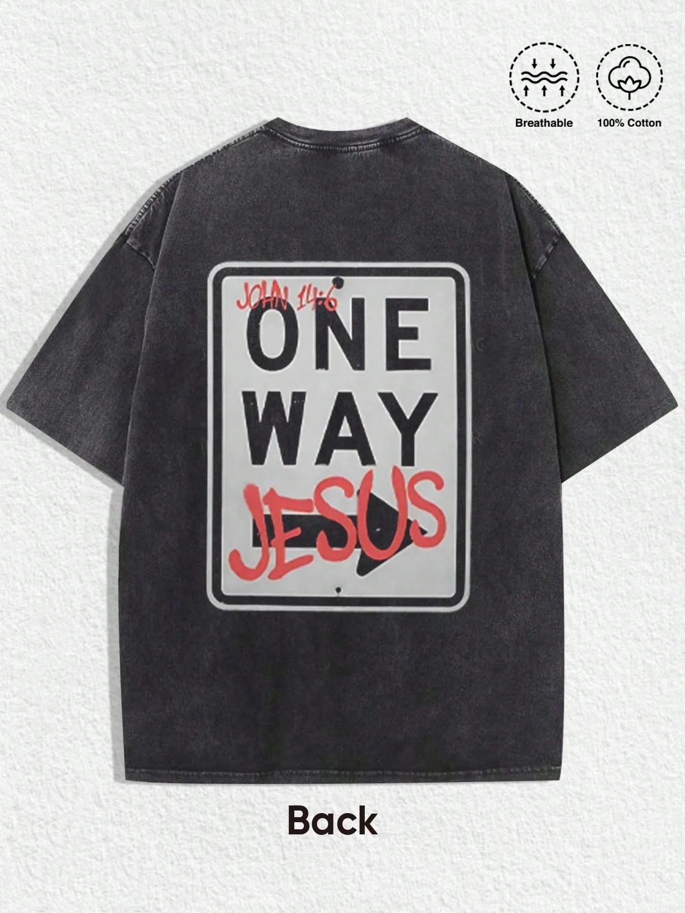 Unisex Vintage Street Style "The only way is Jesus" faith-themed printed and washed cotton T-shirt, John Gospel Bible Verse, Short Sleeve, All Seasons, Y2K & Gothic Fashion
