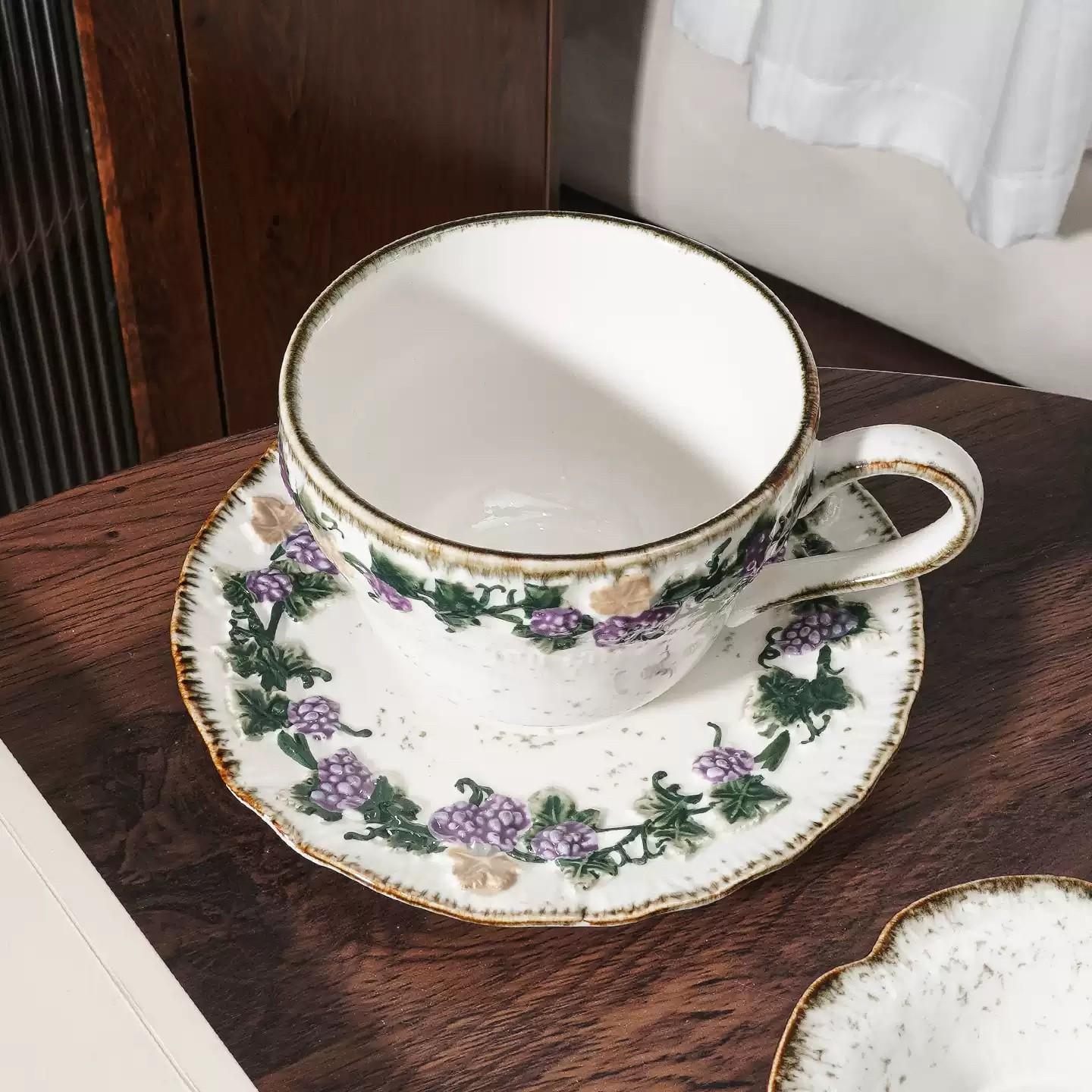 Gift for her Handmade ceramic coffee cup & saucer set  Vintage Romantic 🍇 Embossed Grape Cappuccino cup Set, Glazed Ceramic Breakfast Mug Aesthetic ☕ 🥐 🍰 , Water Cup, Afternoon Tea Coffee mug with saucer  💜