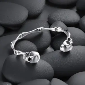 Vintage Gothic Skull Cuff Bracelet - Stainless Steel Silver, Adjustable Skeleton Bones Biker Jewelry for Outdoor Leisure & Indoor Recreation