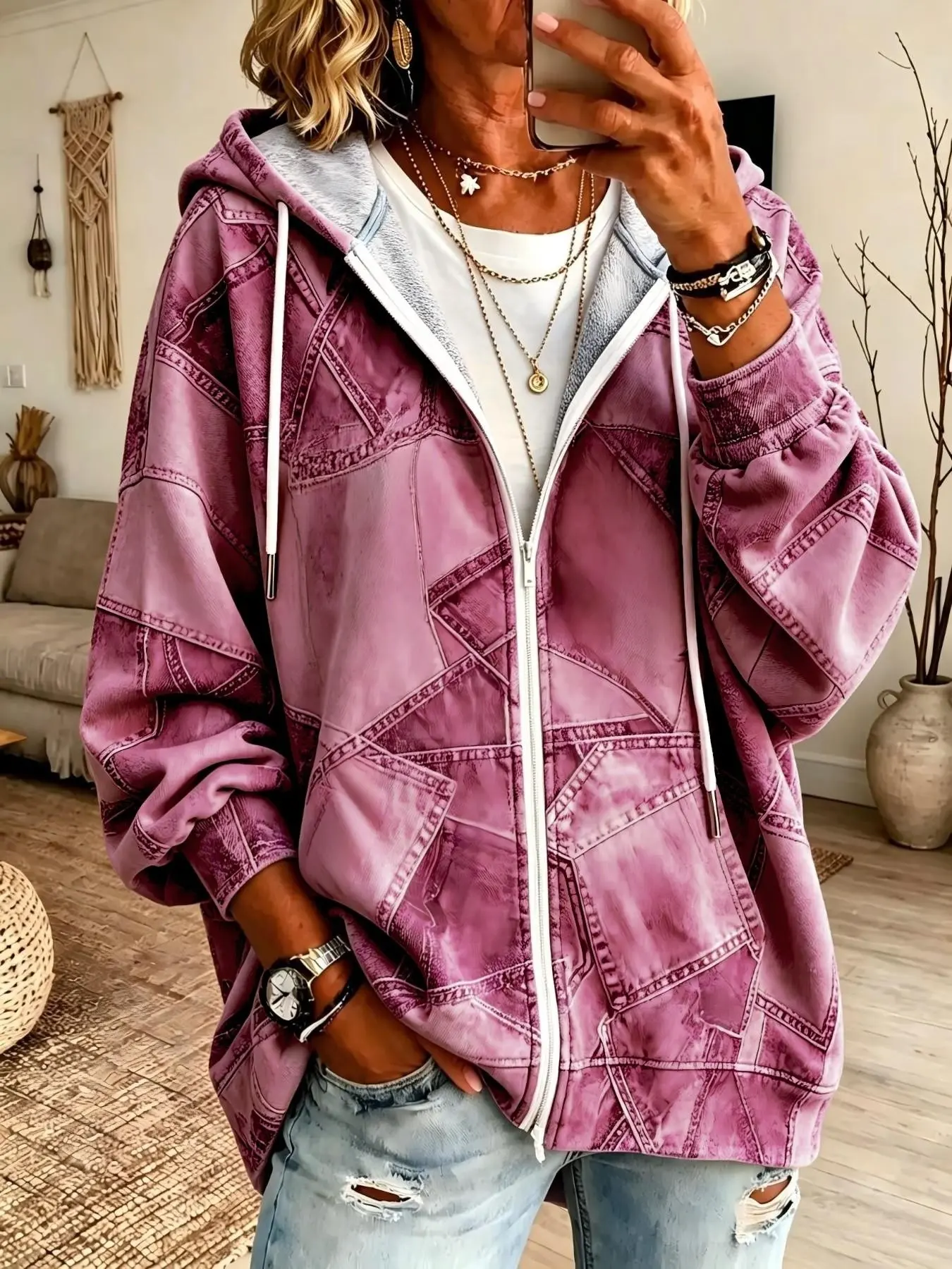 Plus Size Women's Vintage Patchwork Print Jacket, Loose-Fit Full Zip Casual Sweatshirt Cardigan, All Seasons Long Sleeve Unlined