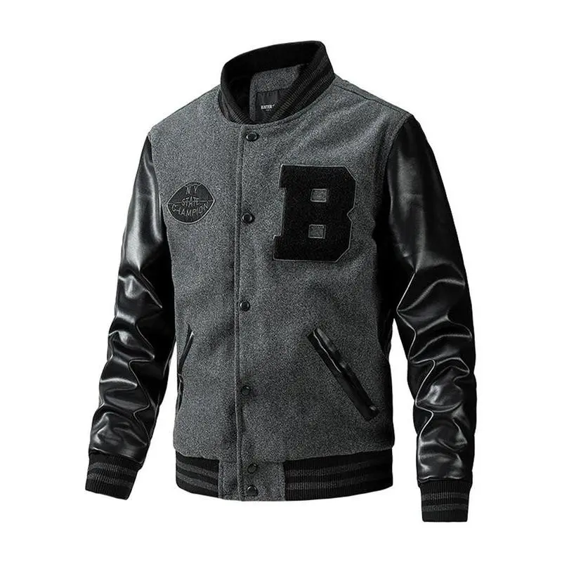 Men's Letter Embroidery Pocket PU Leather Baseball Jacket, Loose Preppy Style Long Sleeve Button Front Outerwear for Fall Winter, Daily Wear