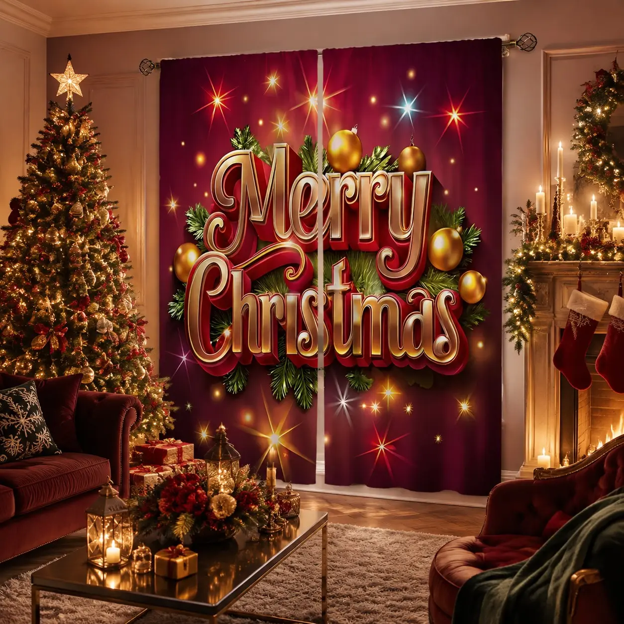 2pcs Christmas Curtain Panels, Polyester Material, Semi-Transparent, Fun Holiday Decor, Kitchen & Bedroom Decoration, Farmhouse Style