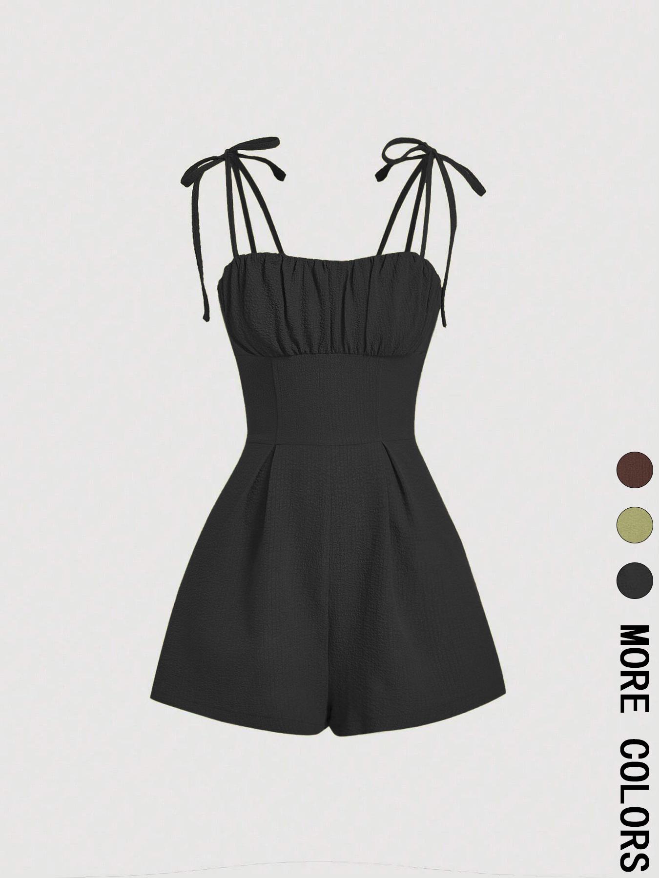 Women's Plain Tie Shoulder Romper, Casual Sleeveless Zipper Romper for Summer, Women's Clothes for Daily Wear