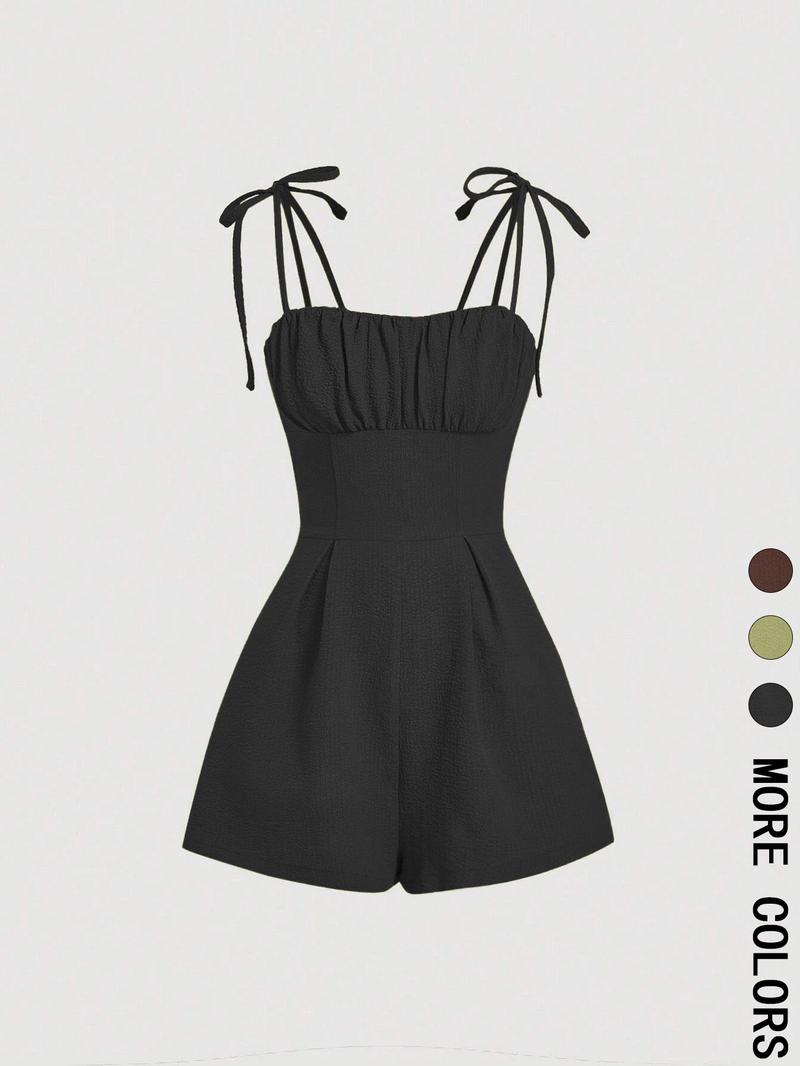 Women's Plain Tie Shoulder Romper, Casual Sleeveless Zipper Romper for Summer, Women's Clothes for Daily Wear