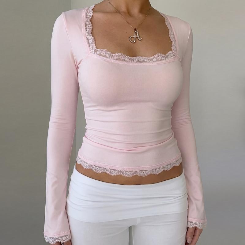 Women's Square Neck Top, Solid Lace Trim Long Sleeve T-Shirt, Elegant Chic Plain Flared Sleeves Slim Fit Crop Top for Spring, Fall and Winter, Womenswear, Blouses Shirts Tops, Casual Elegant Classy, Perfect for Parties, Dates and Everyday Wear